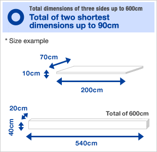 Total dimensions of three sides up to 600 cm・Total of two shortest dimensions up to 90 cm