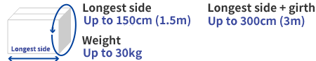 Longest side up to 150 cm (1.5 m), longest side + girth up to 300 cm (3 m), weight up to 30 kg