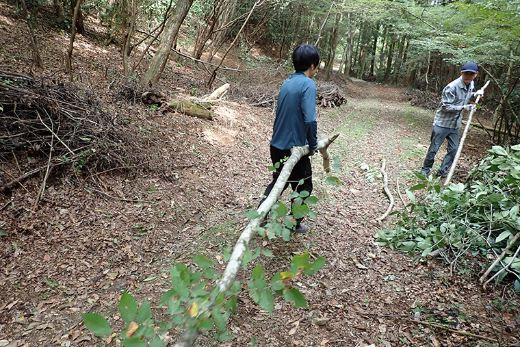 切った草木を運び、一カ所にまとめますまとめた草木は、鳥類や小動物が天敵から身を守る隠れ家・昆虫類の生息地などになります