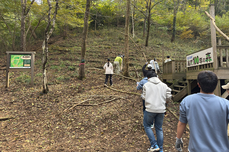 午前中に除伐（じょばつ）した粗朶（そだ）づくりに必要な木をみんなで力を合わせて運びます