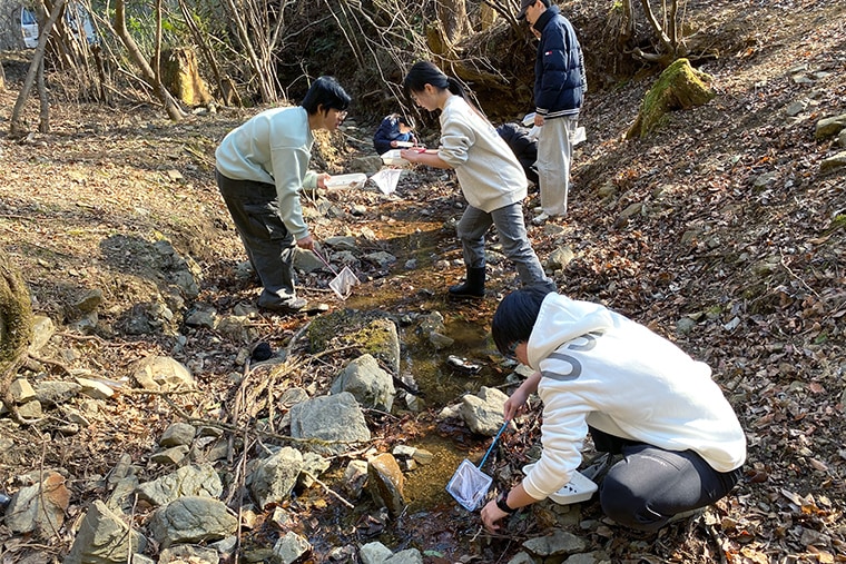 1月でもこの日は比較的暖かく、これまでと同様、沢の中に入って生き物を探し、捕まえました