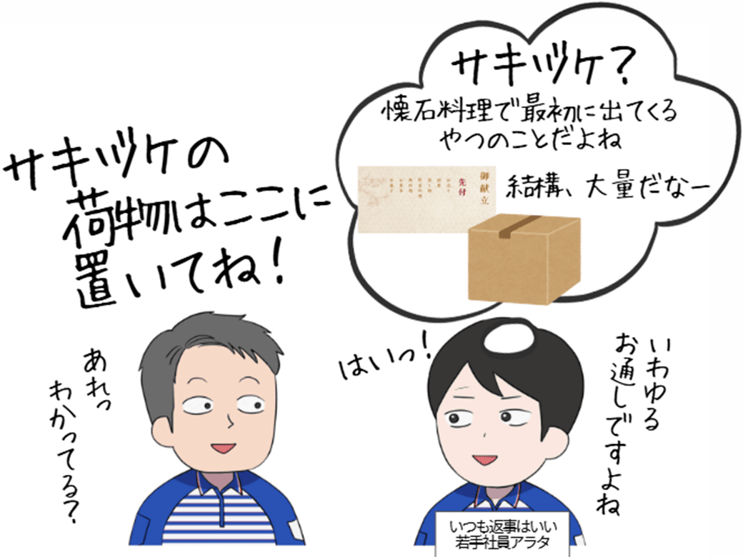 サキヅケの荷物はここに置いてね!あれっわかってる? はいっ! サキヅケ?会席料理で最初に出てくるやつのことだよね 結構、大量だなー いわゆるお通しですよね