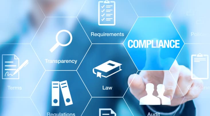 A conceptual diagram of compliance featuring various hexagonal icons. The word COMPLIANCE is prominent, surrounded by terms including Requirements, Transparency, Law, Audit, Terms, and Regulations. A hand is shown interacting with the digital interface.