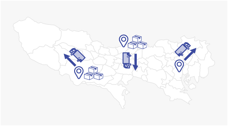 線画の地図を背景に、トラック、位置ピン、段ボール箱、紙幣のアイコンを配置した物流イメージのイラスト。矢印によって荷物の移動や拠点の位置が示されている。